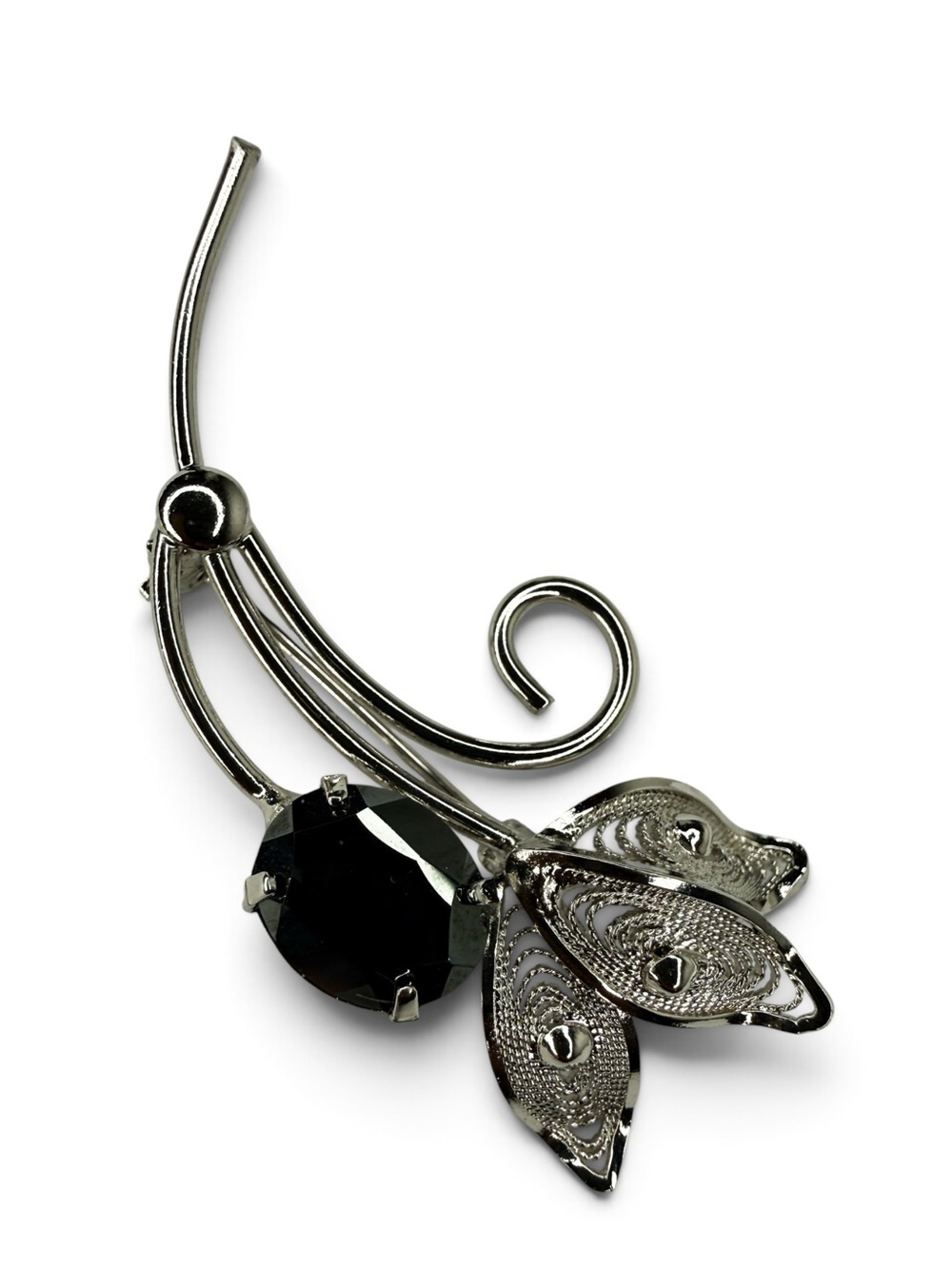 Vintage Sterling Silver Filigree Brooch With Czech Black Glass - Picture 5 of 13